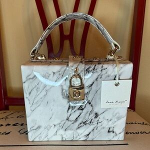 Love Trove Mini Trunk Box Top Handle Bag White & Black Marble Vegan Leather NWT
